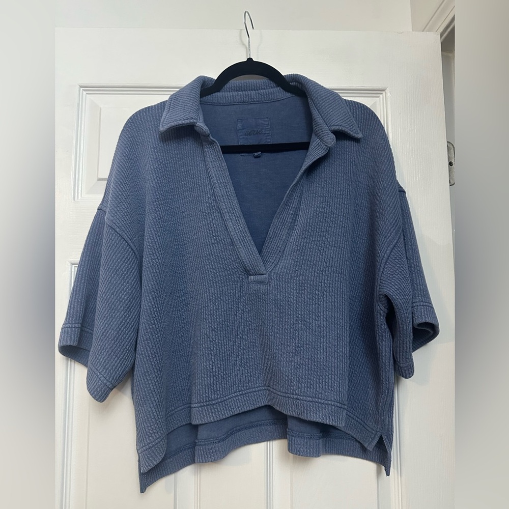 Aerie Deep V T Shirtrt Size Medium Blue Oversized Slouchy Waffle Gauze Muslin